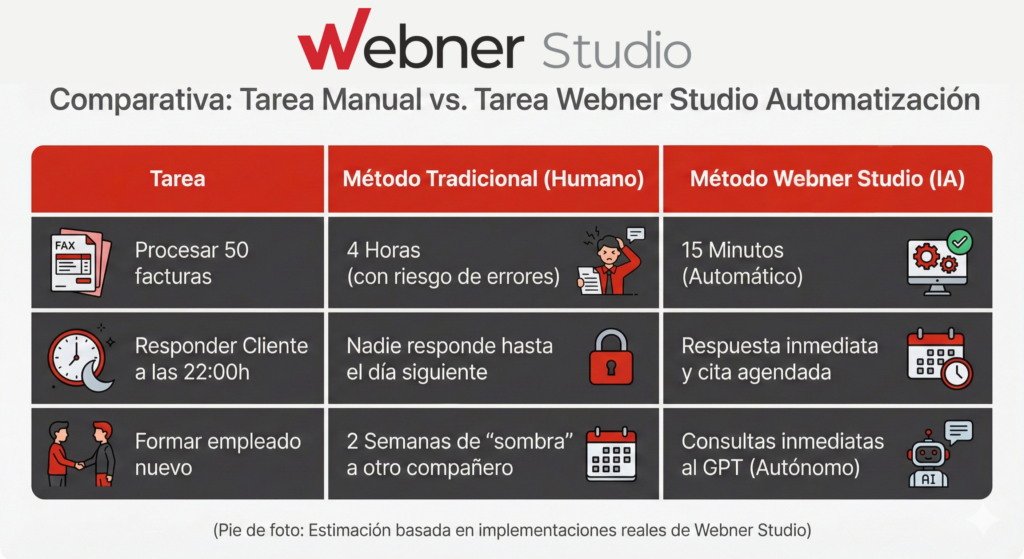 Comparativa de automatización de tareas en una empresa: proceso manual vs automatizado con IA (facturación, atención al cliente y formación)