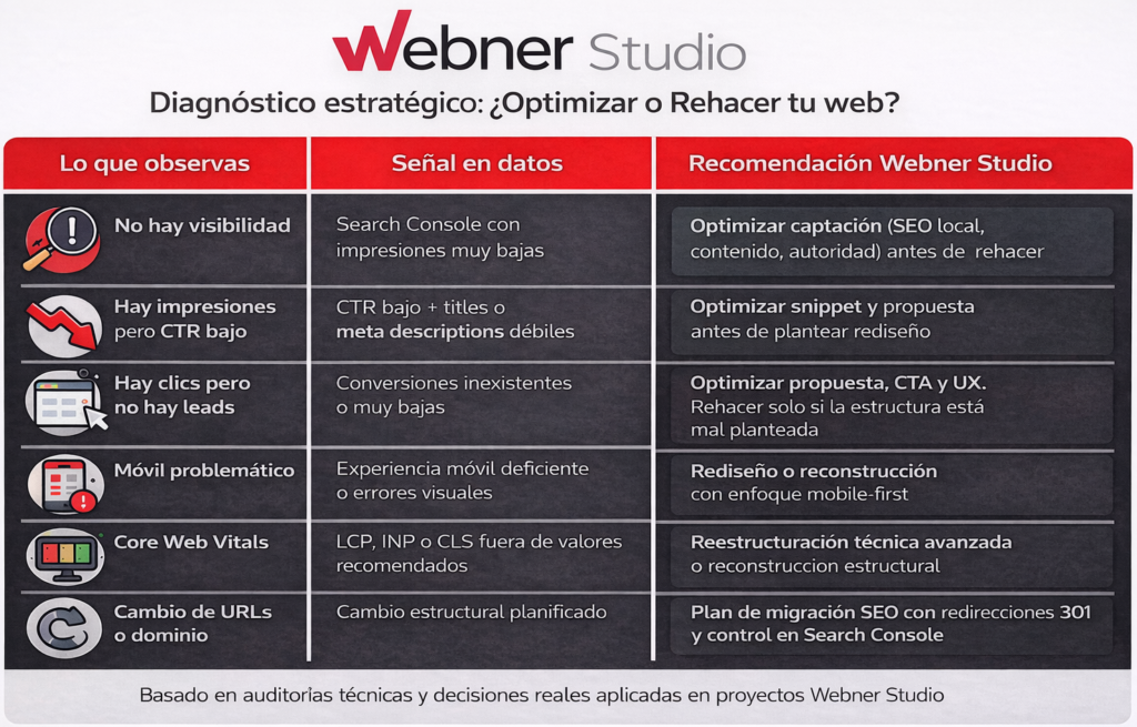 Cuándo optimizar o rehacer una web según tráfico, CTR, conversiones, móvil y SEO