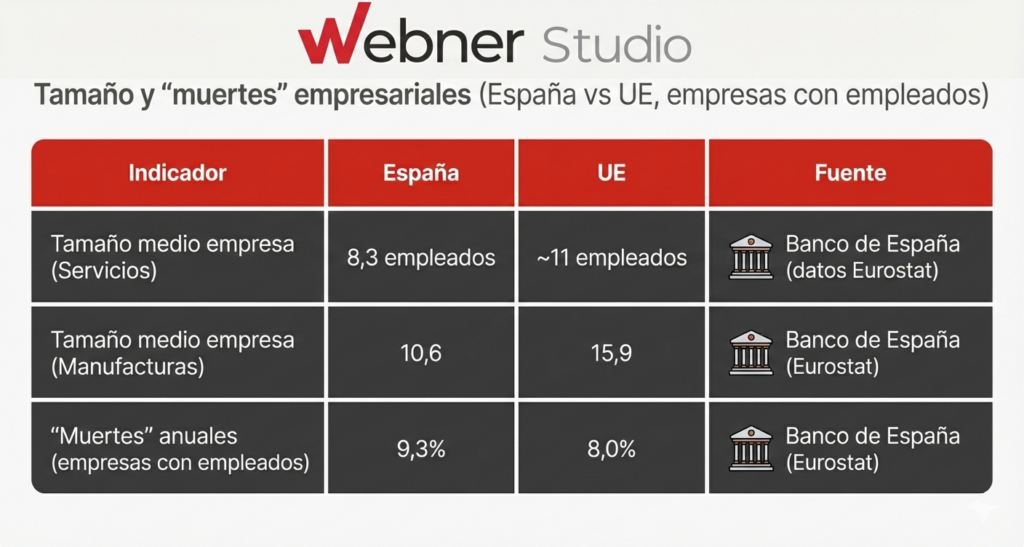 Datos del Banco de España sobre tamaño medio de empresas y tasa de mortalidad empresarial en España vs UE